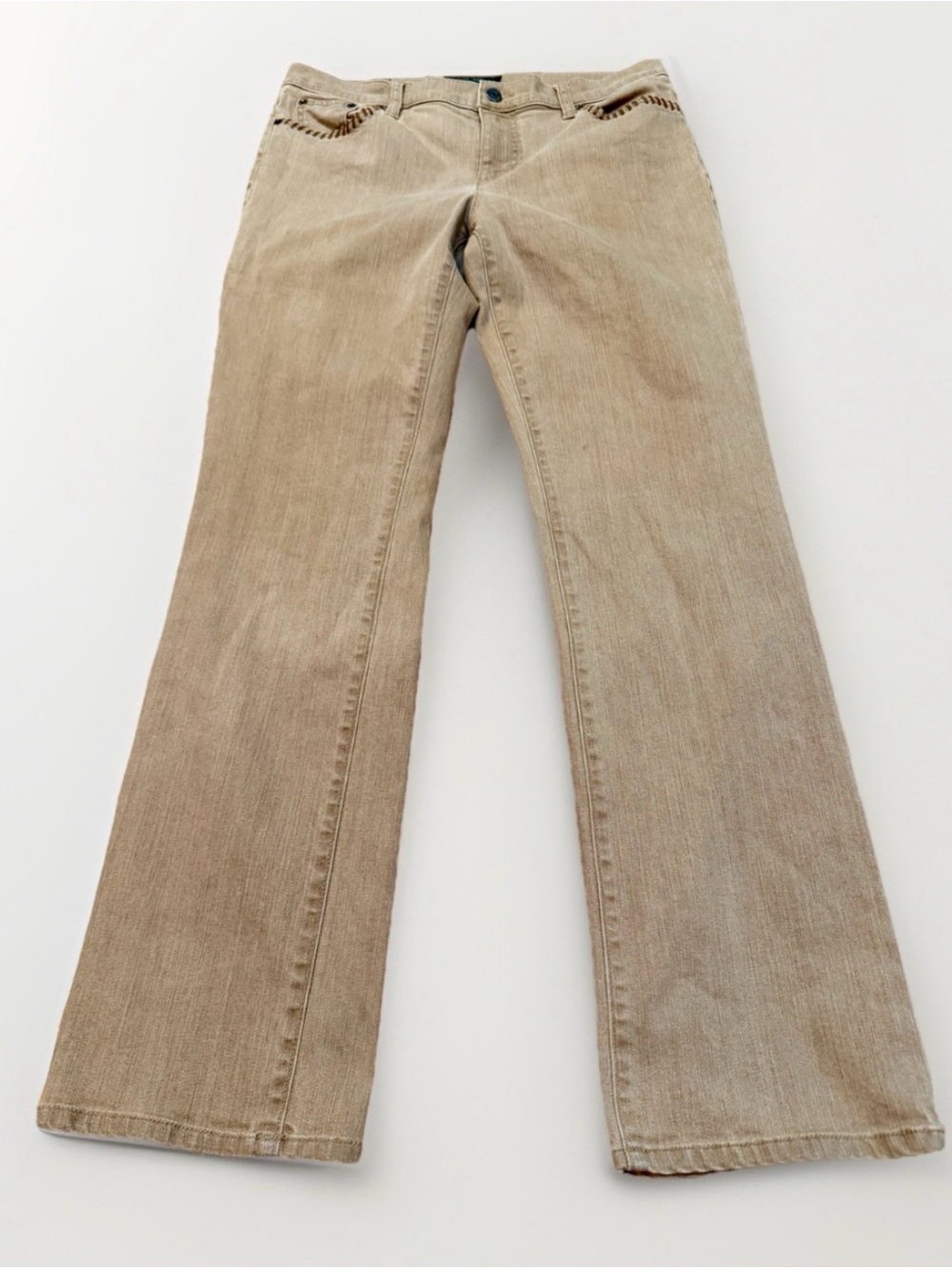 VTG Y2K Women's Tan Lauren Ralph Lauren Flare Leg Jeans Size 10 Patched Pockets